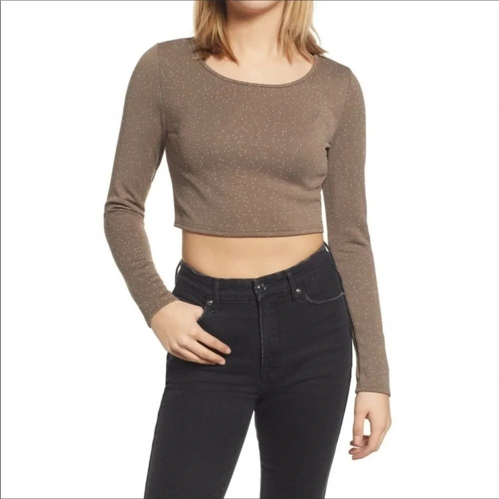 NWT BP Olive Long Sleeve Scoop Neck Knit Crop Top Size Medium v6x